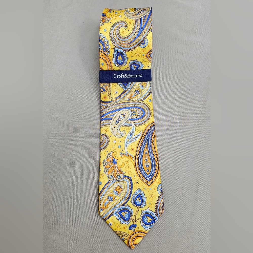 Croft & Barrow Men's Necktie Yellow Blue Paisley 100% Silk NWT 3.5" Wide